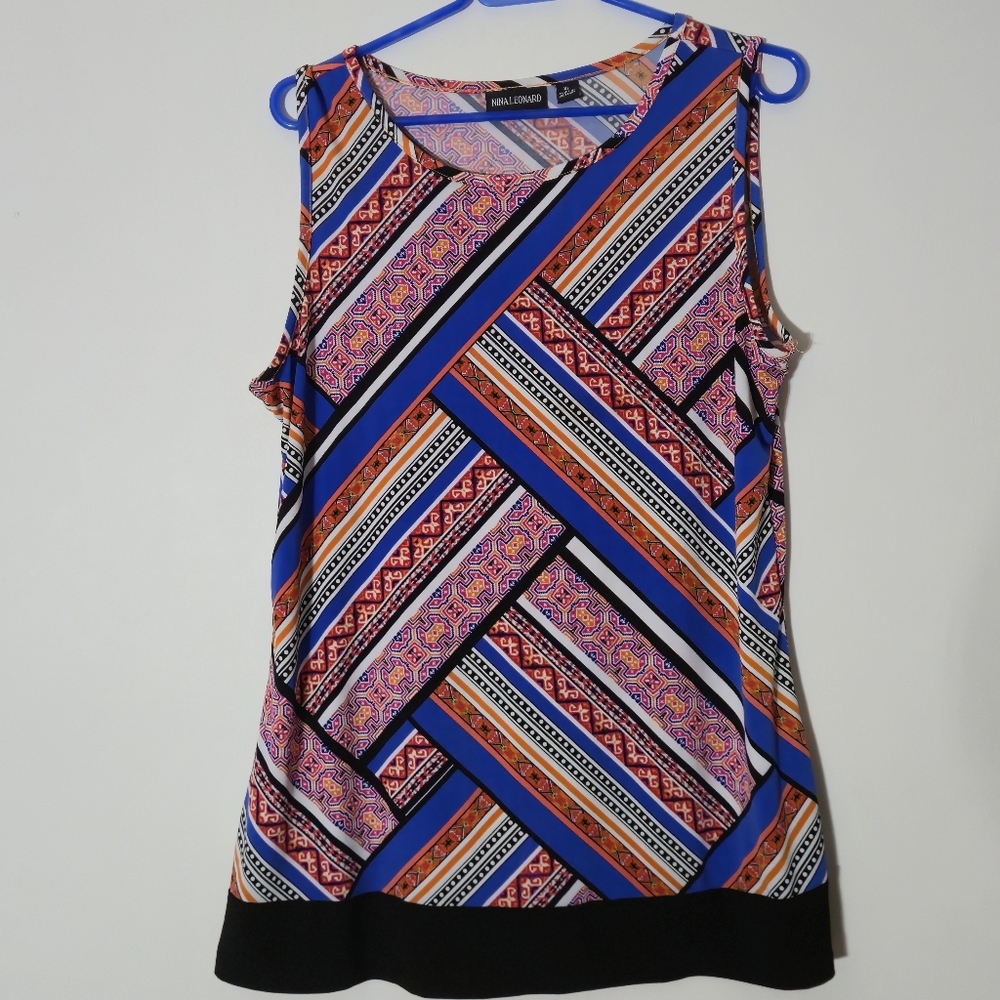 Nina Leonard XL Sleeveless Geometric Print Tank Top Blue Orange Matte Jersey EUC - Picture 2 of 10